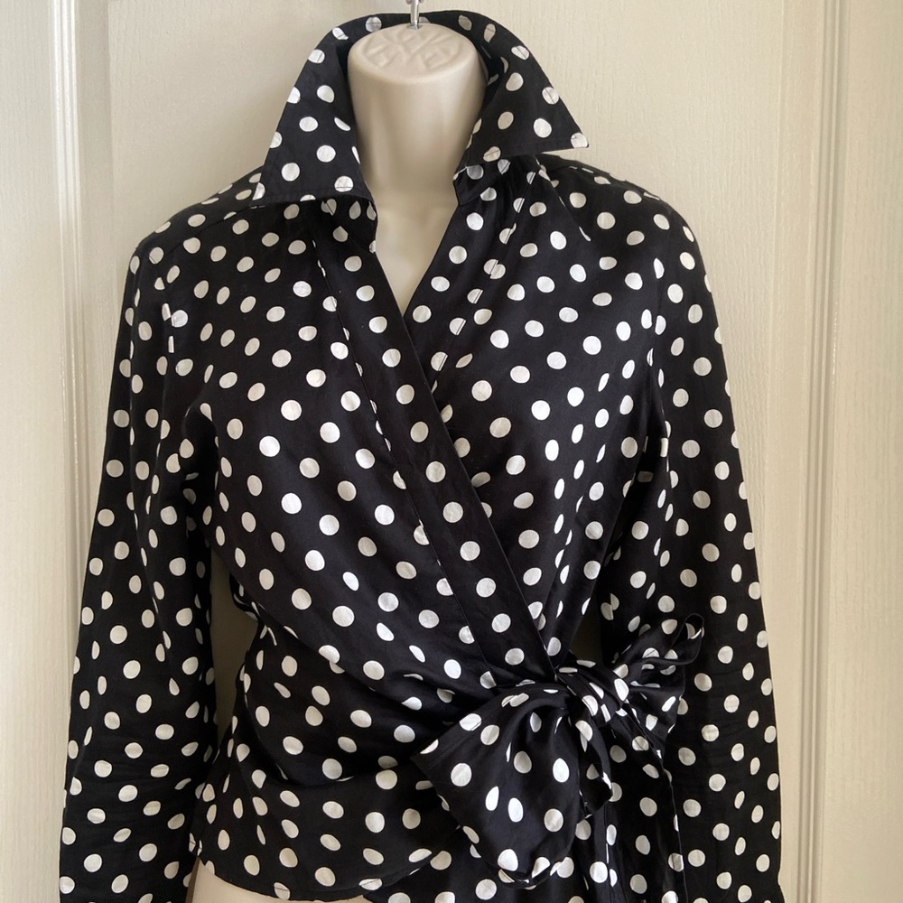 Talbots Black and White Polka Dot Wrap Top